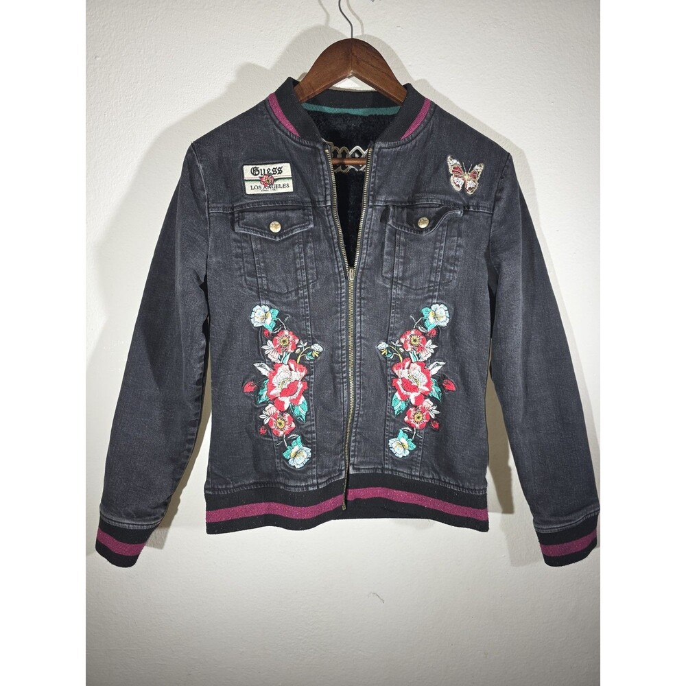 Guess Girls Reversible Bomber Jacket size 16 Black Denim Faux Fur Patches Thick